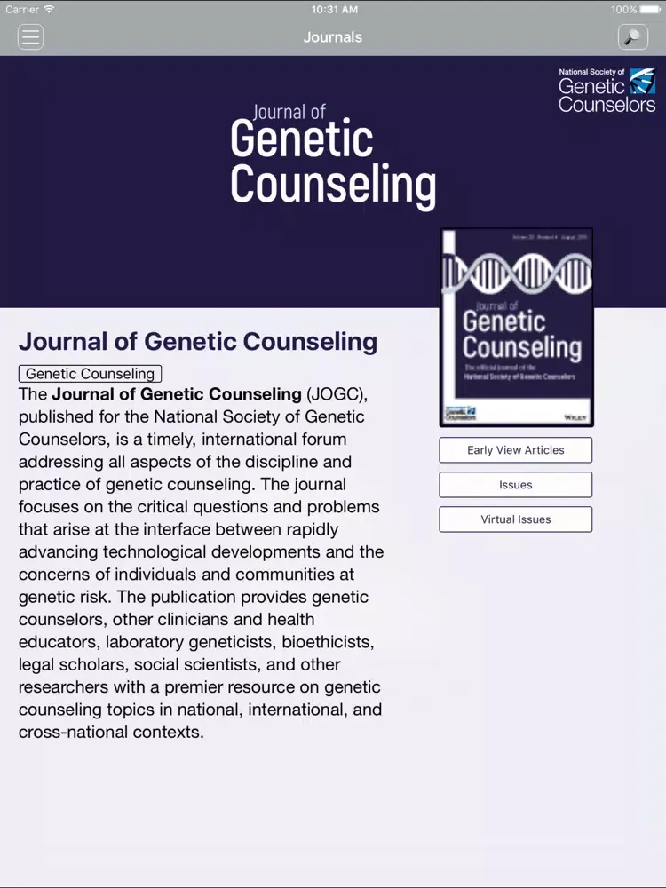 Capturas de tela do Journal of Genetic Counseling iPad 