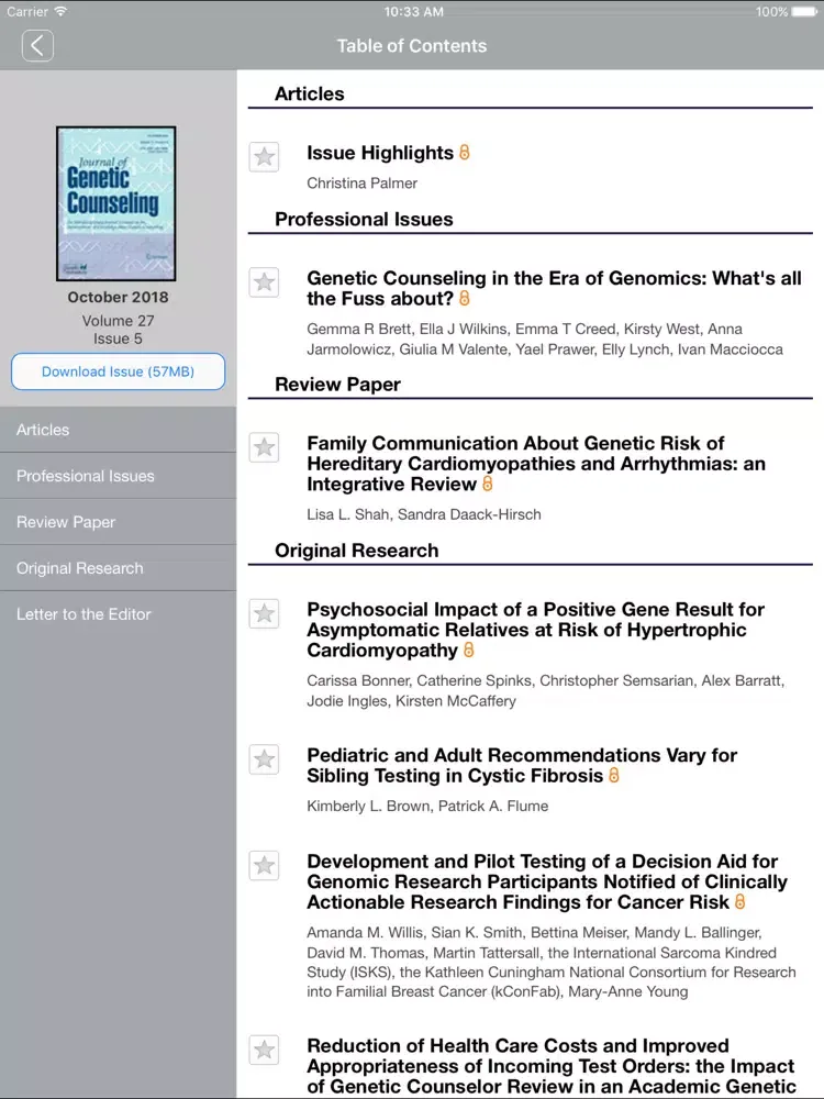 Capturas de tela do Journal of Genetic Counseling iPad 