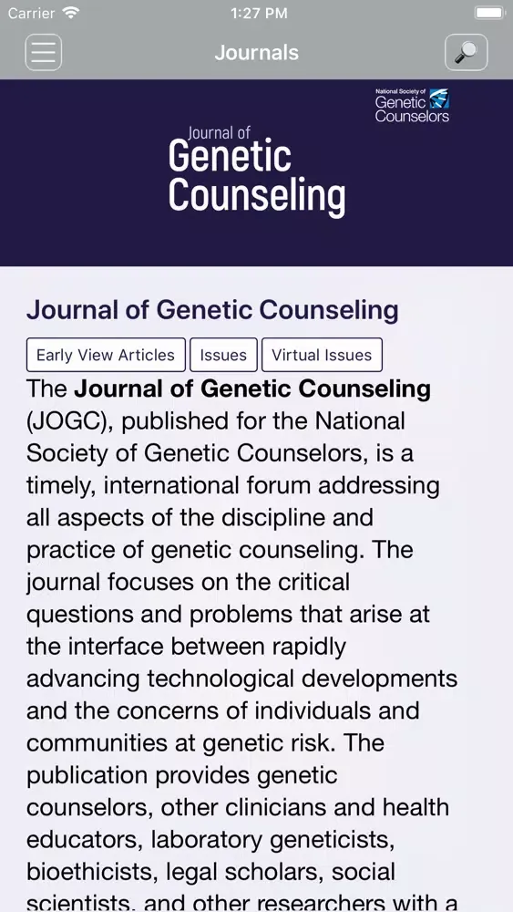 Capturas de tela do Journal of Genetic Counseling