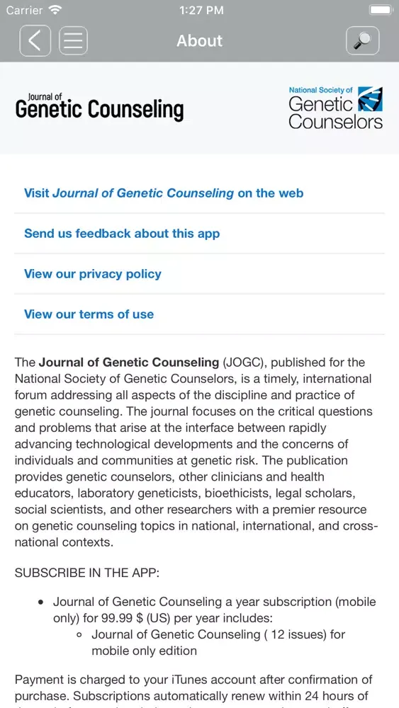 Capturas de tela do Journal of Genetic Counseling