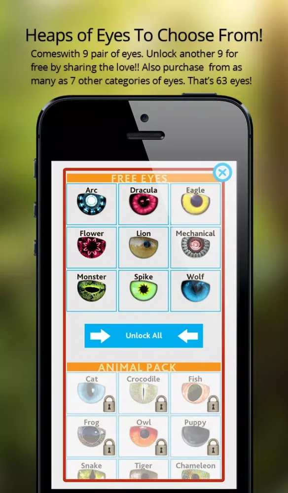ภาพหน้าจอของ EyeTuner Photo Editor - Giving you a facetune and superimpose cat, zombie and other eyes onto yours!