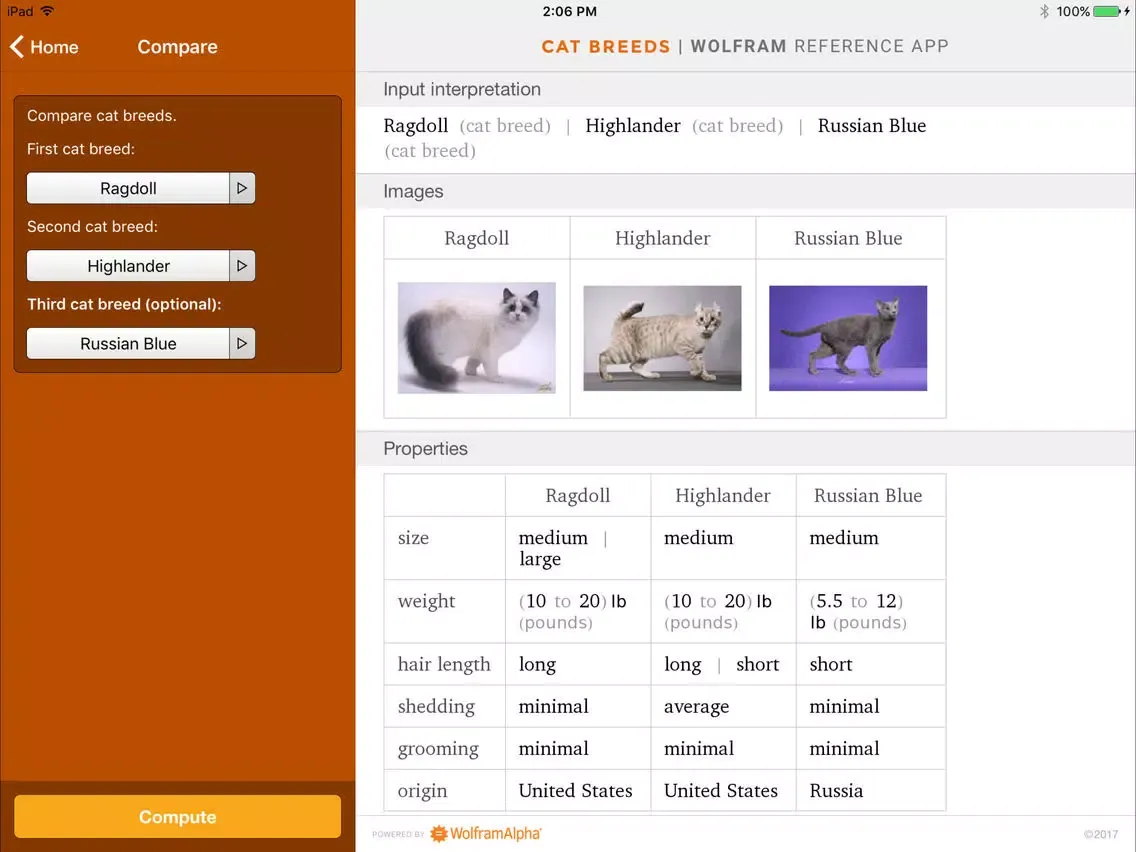 Capturas de tela do Wolfram Cat Breeds Reference App iPad 