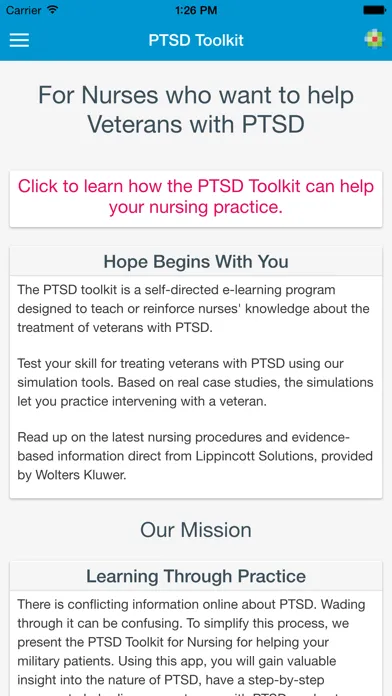 Capturas de tela do PTSD Toolkit for Nurses