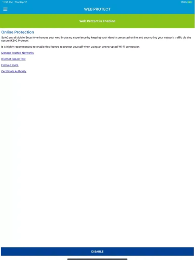 ภาพหน้าจอของ SafeCentral Mobile Security iPad 