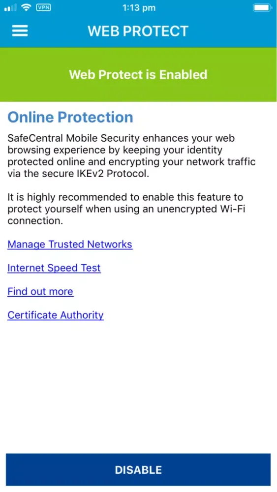 ภาพหน้าจอของ SafeCentral Mobile Security