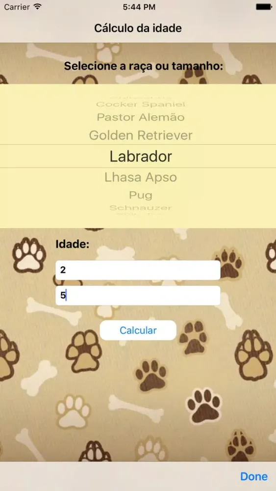 Tangkapan layar Cálculo da idade do cão