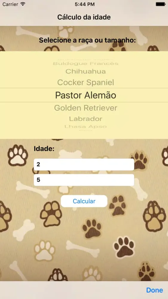 Tangkapan layar Cálculo da idade do cão