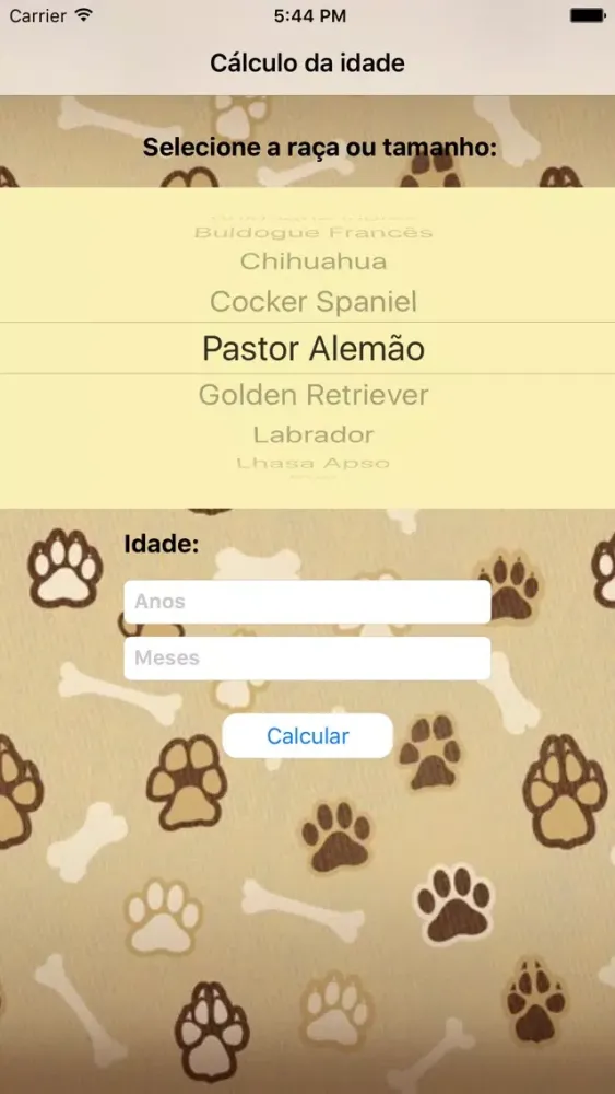 Tangkapan layar Cálculo da idade do cão