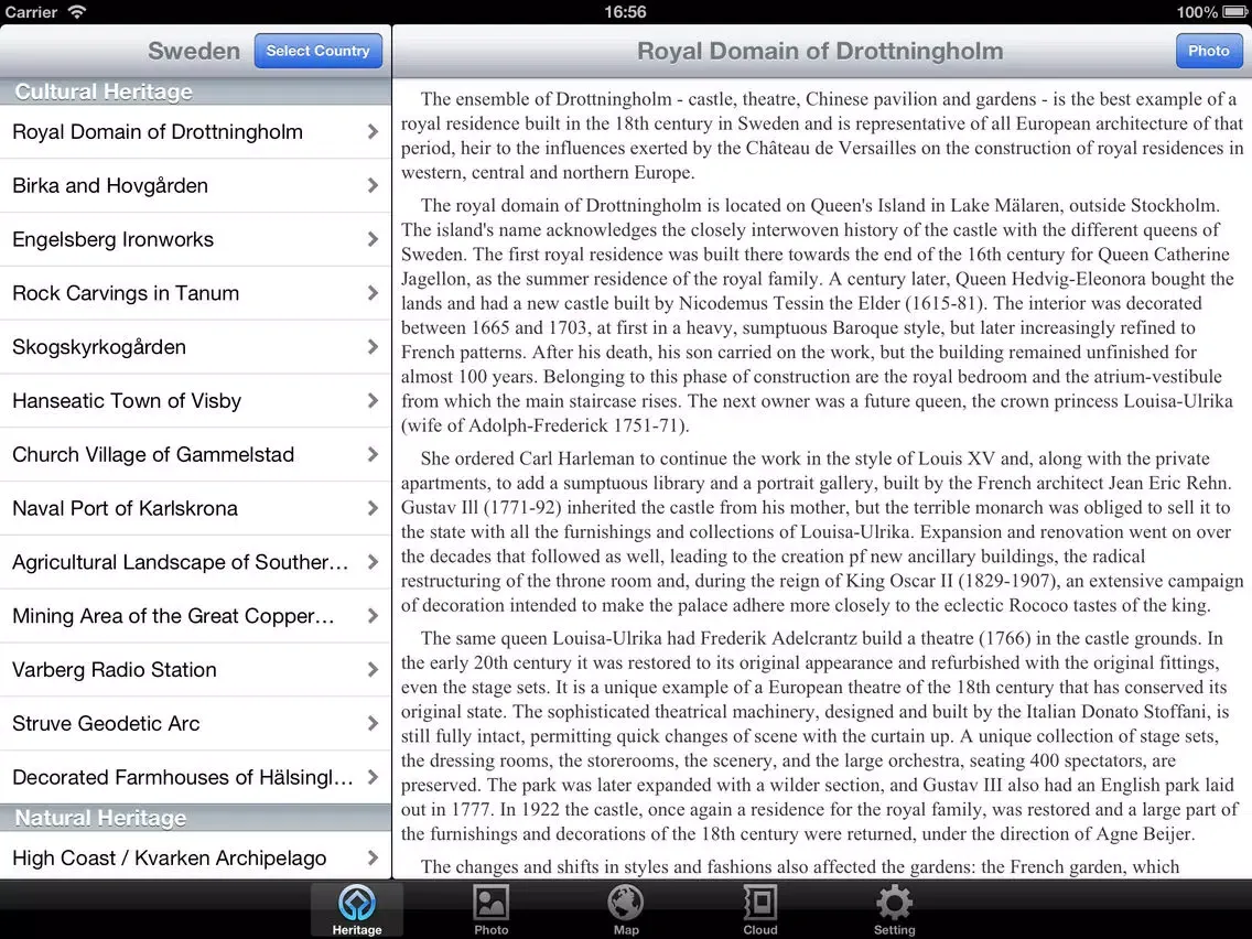 Tangkapan layar World Heritage in Sweden iPad 