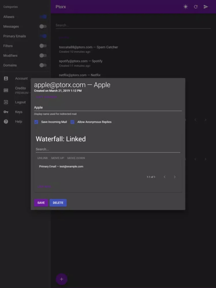 Ptorx - Email Aliases iPad 应用截图