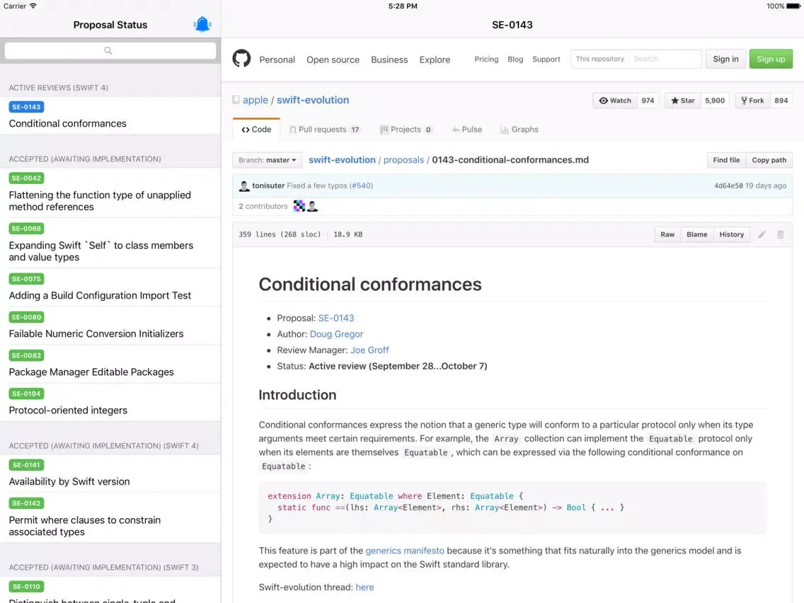 Tangkapan layar SPS - a tracking tool for Swift proposal status iPad 
