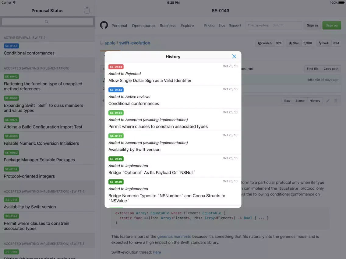 Tangkapan layar SPS - a tracking tool for Swift proposal status iPad 