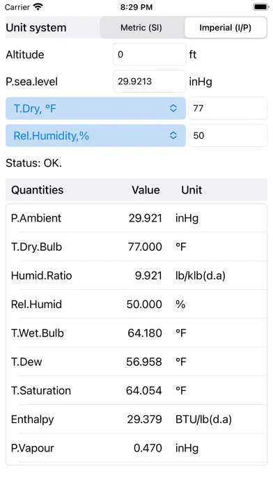 ภาพหน้าจอของ FlyCarpet Psychrometric Calc