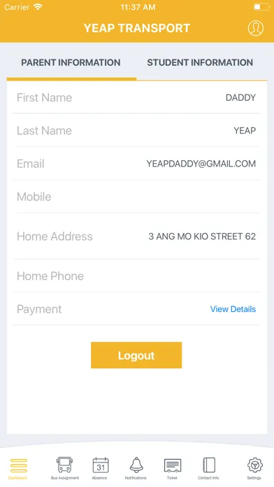 Скриншоты Yeap Transport Parent App