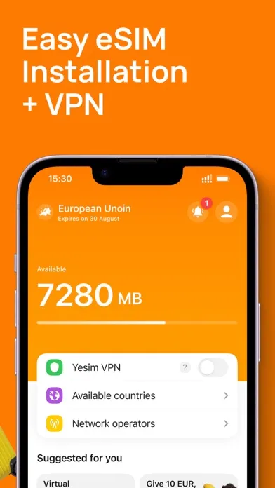 ภาพหน้าจอของ Yesim: eSIM virtual 2nd line