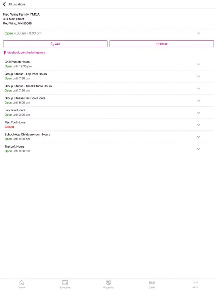 Tangkapan layar Red Wing Family YMCA iPad 