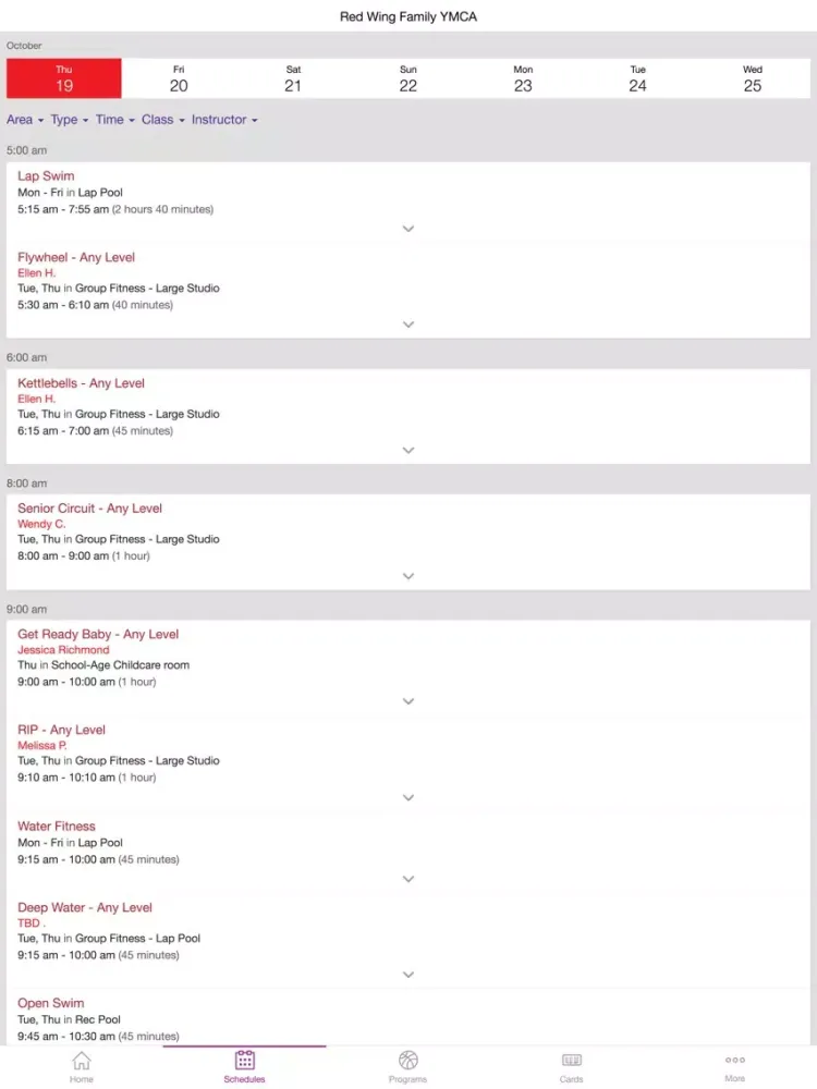 Tangkapan layar Red Wing Family YMCA iPad 