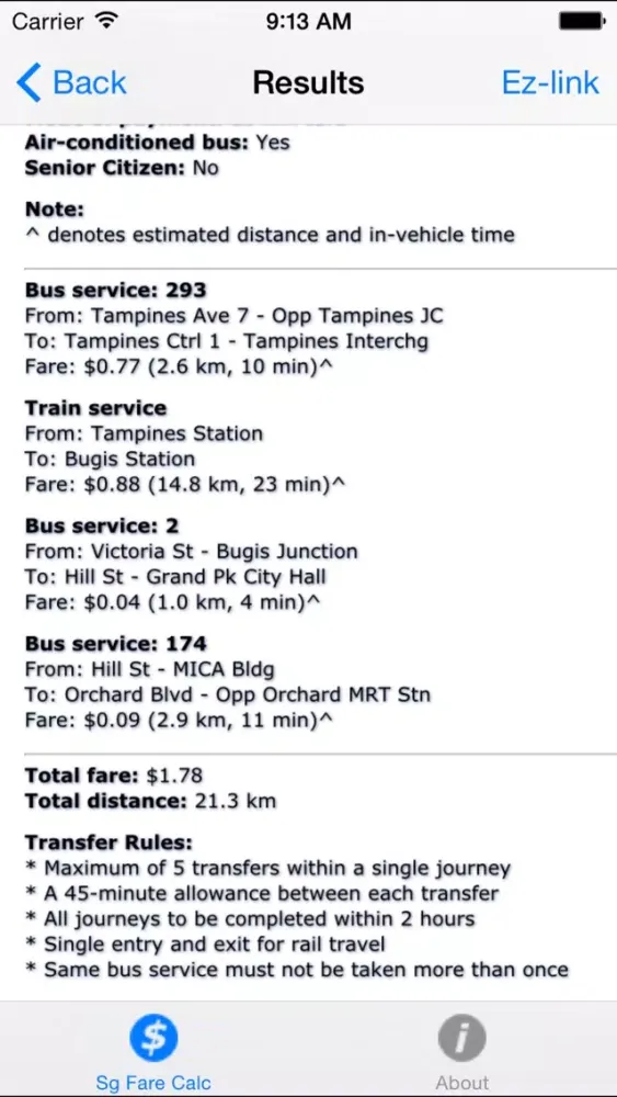 Capturas de tela do Sg Fare Calc