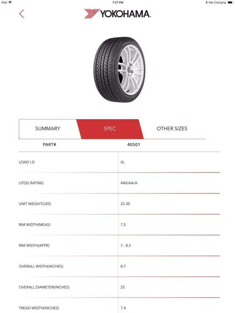 Скриншоты Yokohama Tire Specs iPad 
