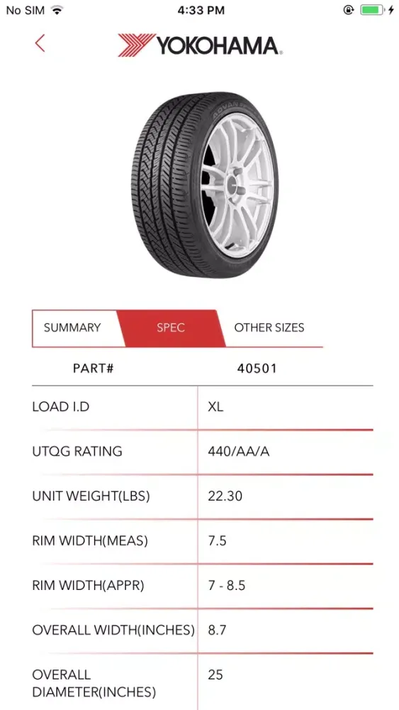 Скриншоты Yokohama Tire Specs