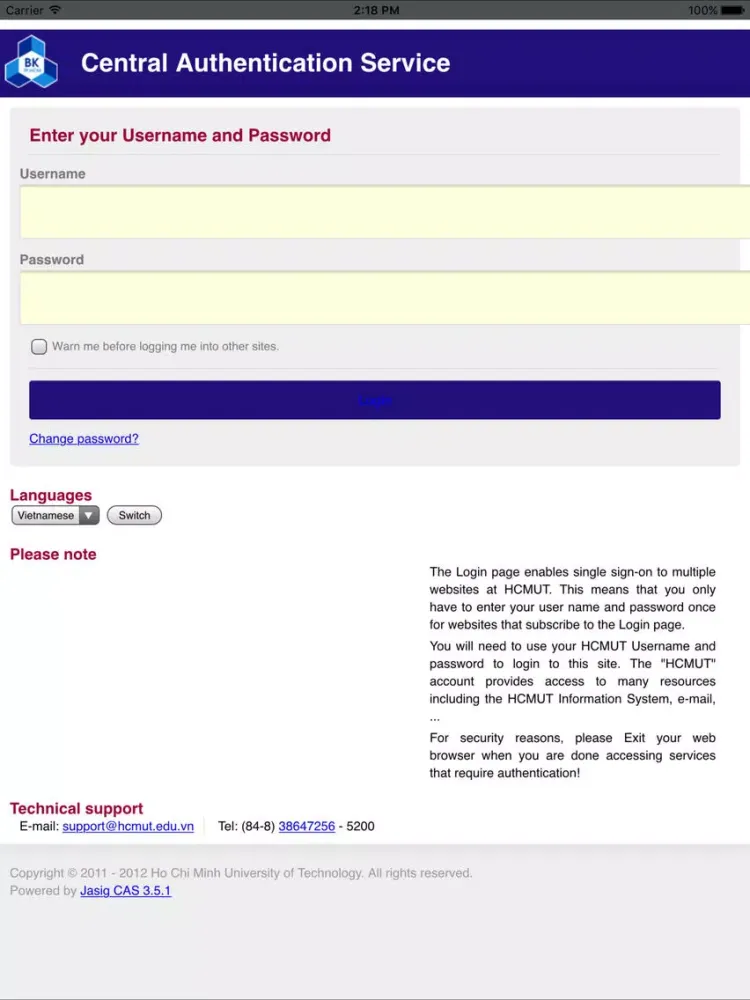 Tangkapan skrin Bach Khoa Intranet iPad 