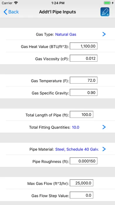Zrzuty ekranu HVAC Pipe Sizer - Gas Low
