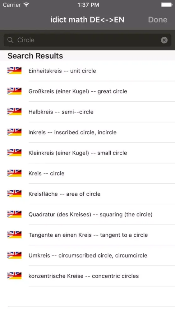 Captures d'écran de idict math EN<->GER