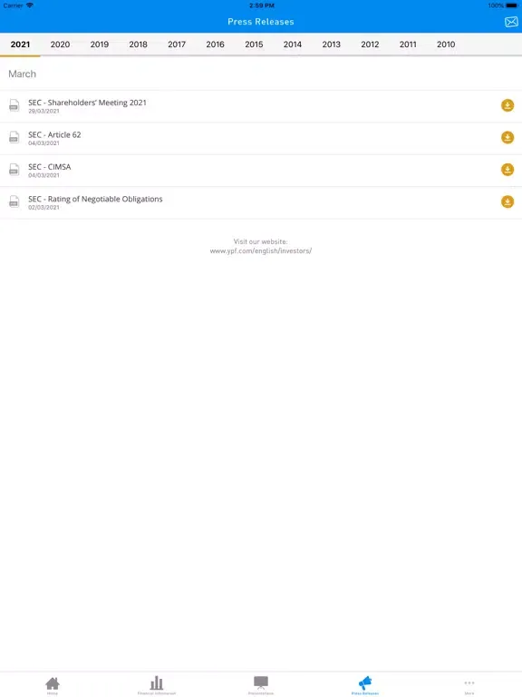 Tangkapan layar YPF Investors iPad 