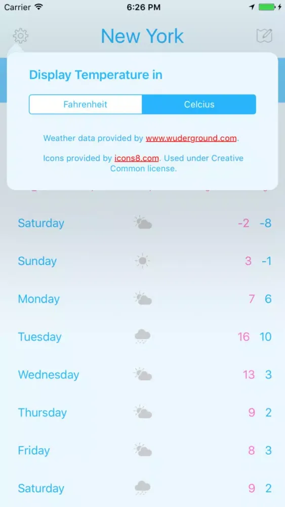Tangkapan layar TinyWeatherApp