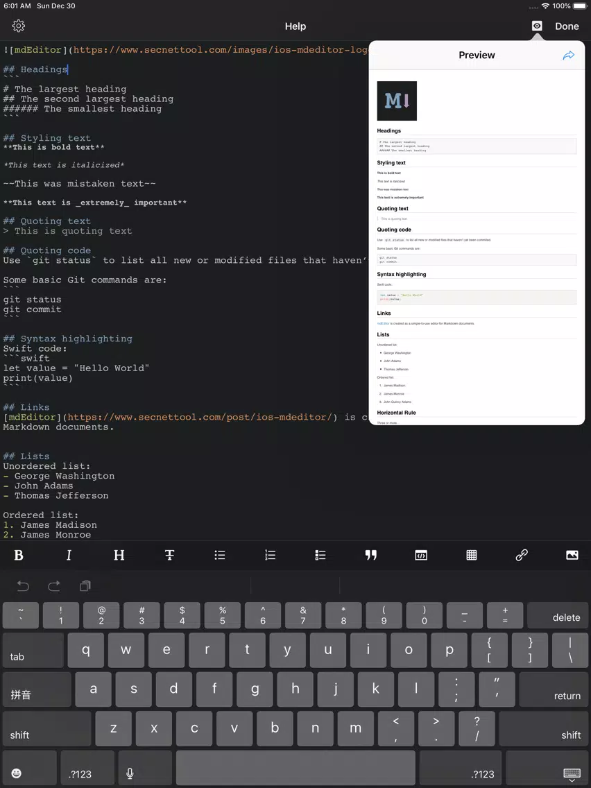 mdEditor - Markdown Editor iPad  스크린샷