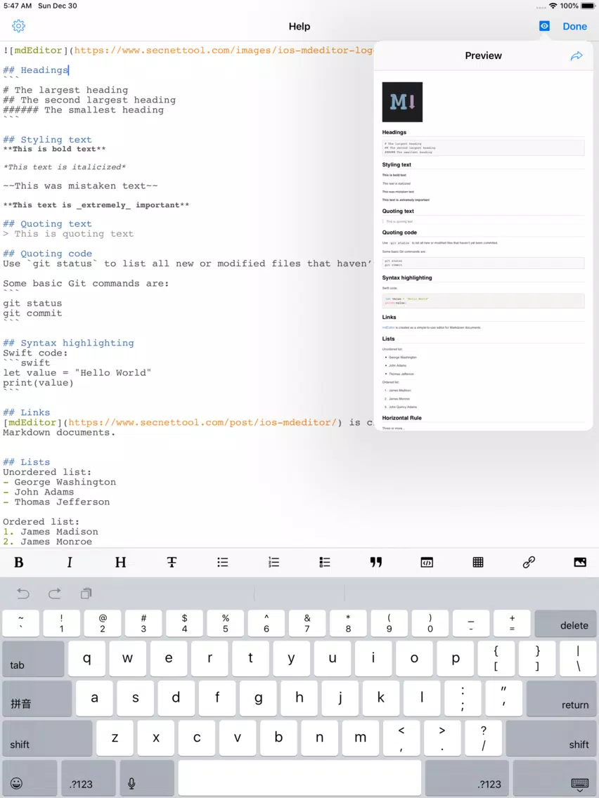mdEditor - Markdown Editor iPad  스크린샷