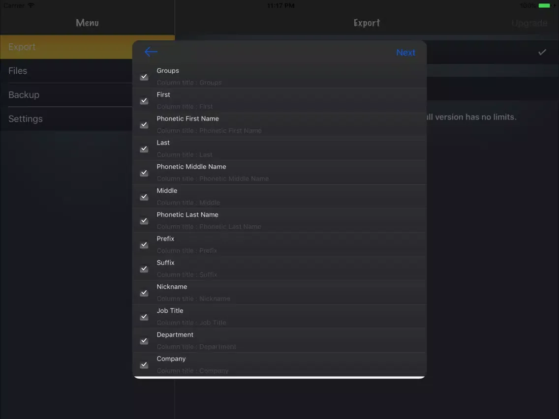 Contacts to Excel Lite iPad  スクリーンショット