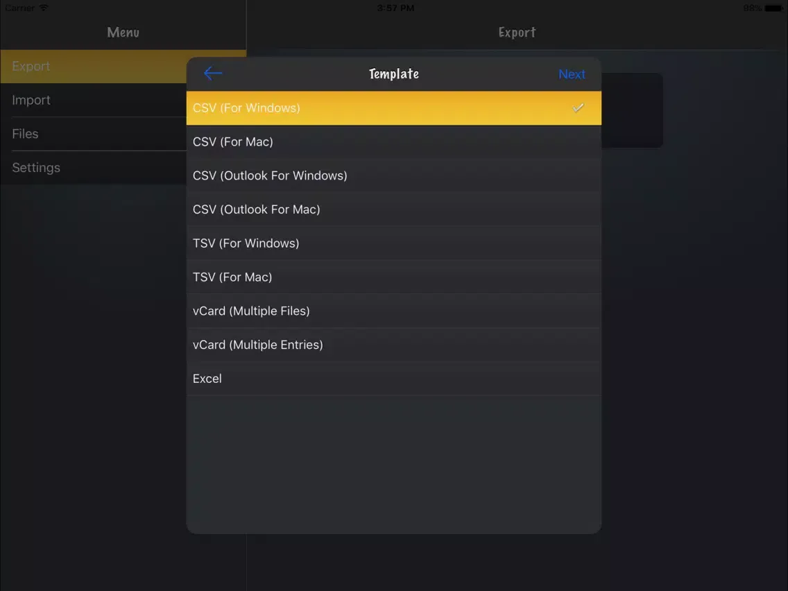 Capturas de tela do Export My Contacts iPad 