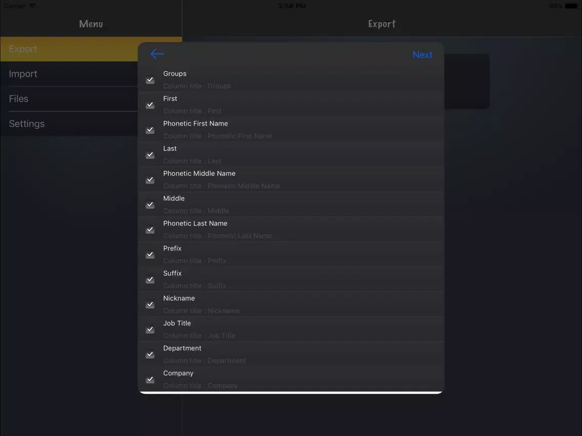 Capturas de tela do Export My Contacts iPad 