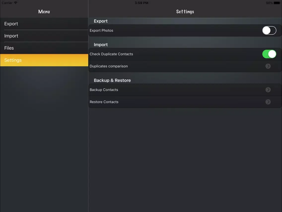 Capturas de tela do Export My Contacts iPad 