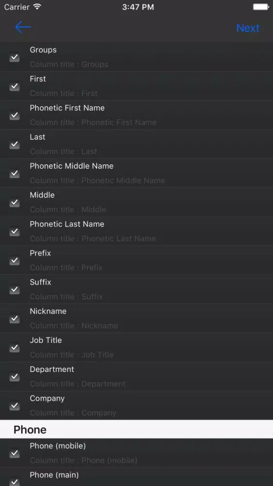 Capturas de tela do Export My Contacts