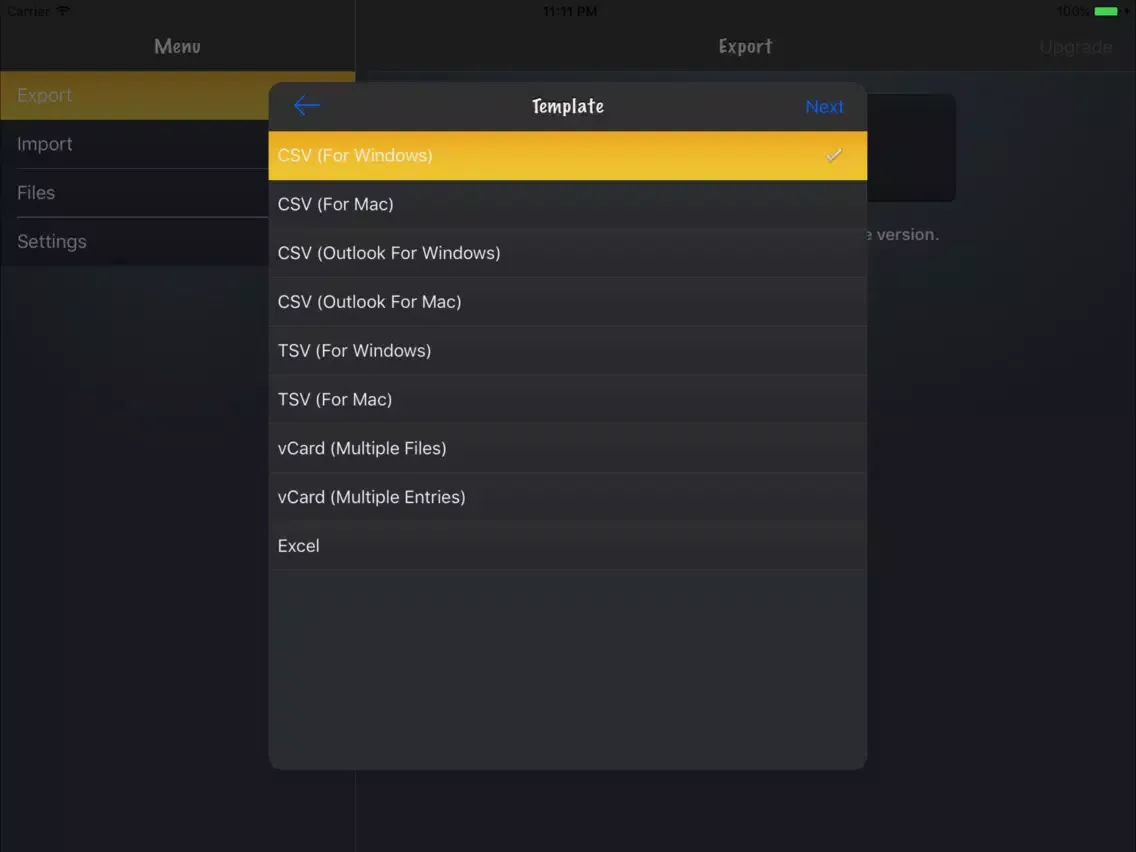 Tangkapan skrin Export My Contacts Lite iPad 