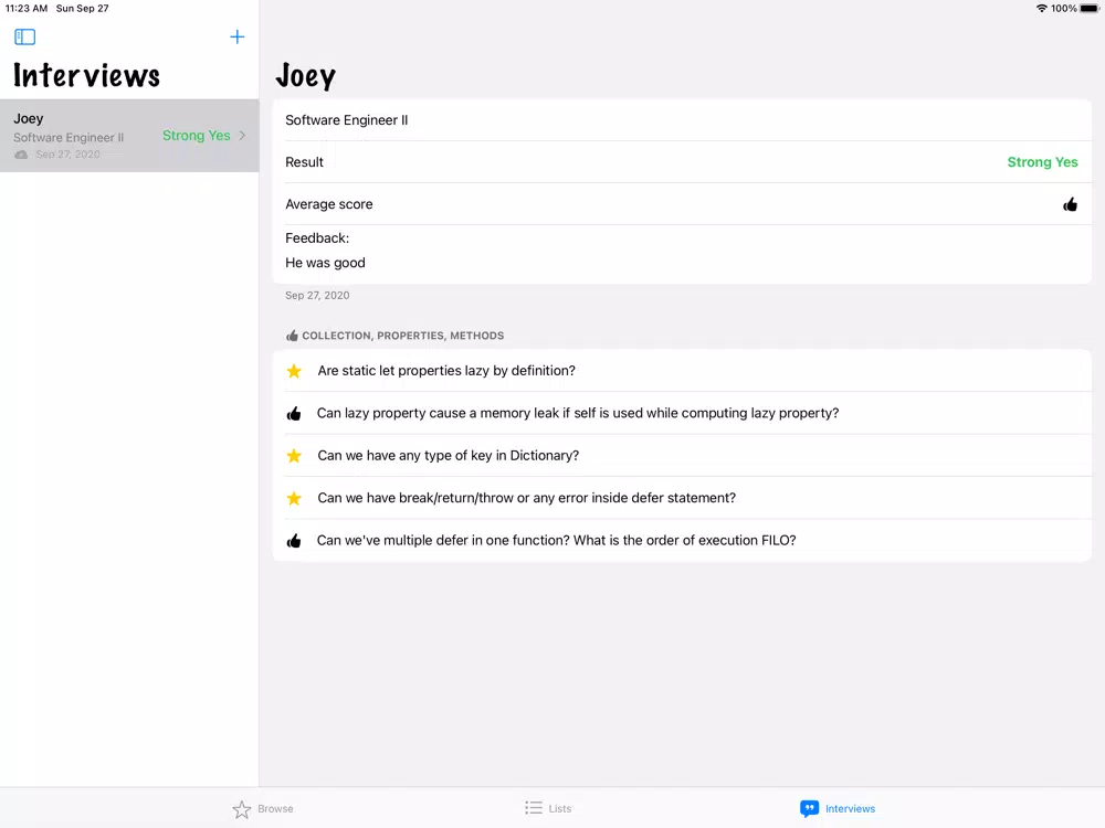 Ảnh chụp màn hình của iInterview! iPad 