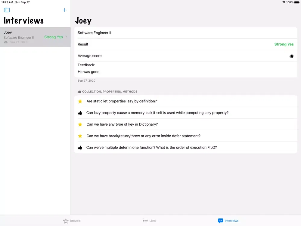 Tangkapan layar iInterview! iPad 