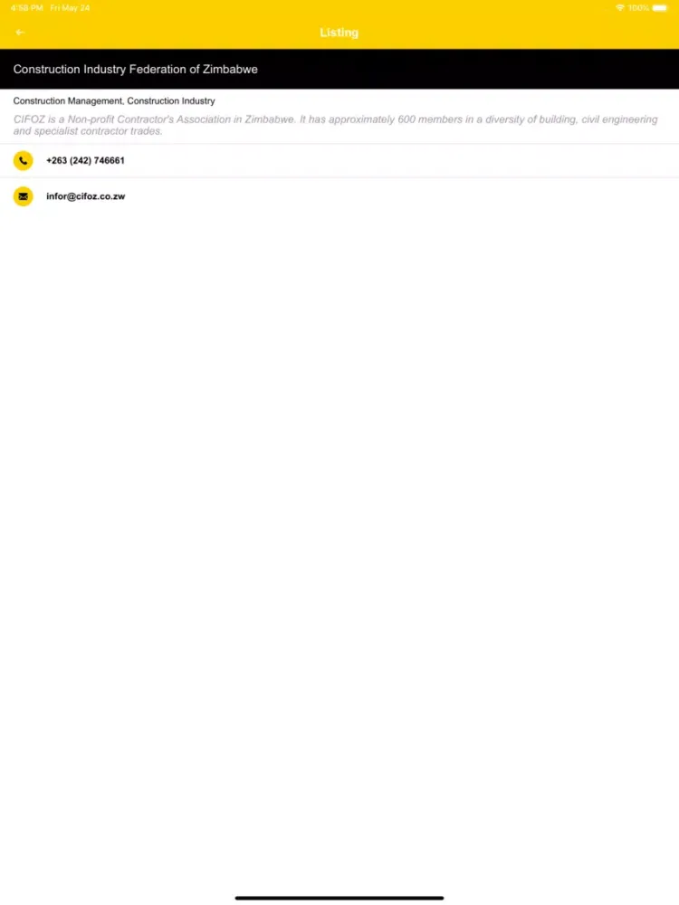 Tangkapan skrin Zimbabwe Yellow Pages iPad 