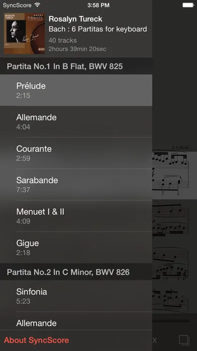 Tangkapan layar Bach Partitas - SyncScore
