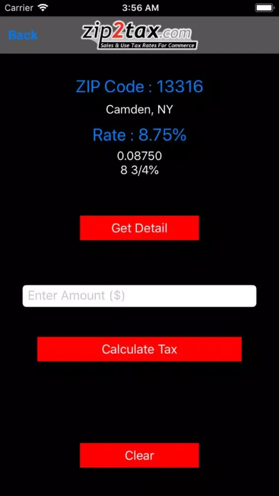 ภาพหน้าจอของ Zip2Tax Sales Tax Calculator