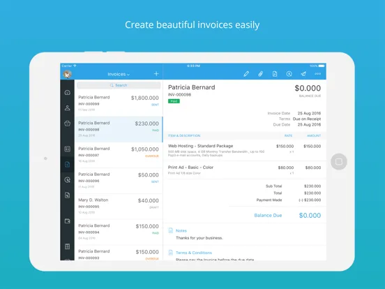 Ảnh chụp màn hình của Zoho Invoice Maker App iPad 