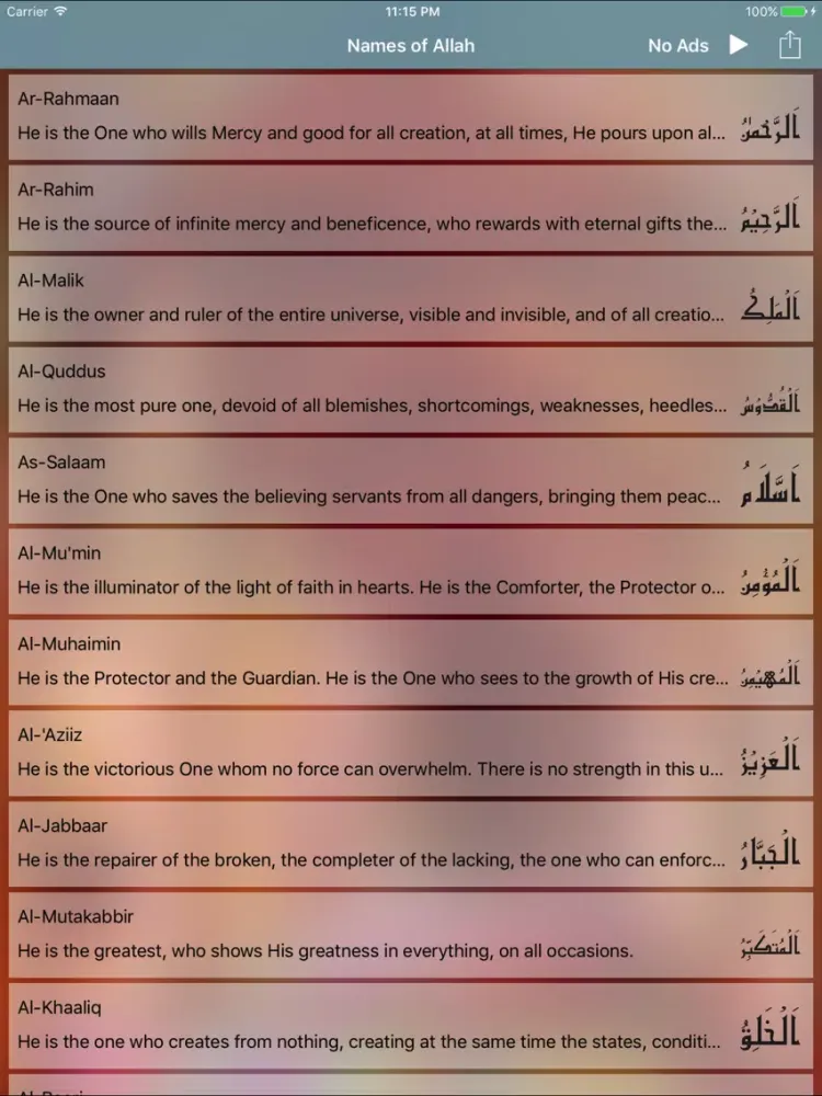 Tangkapan layar 99 Names Allah (Asma ul Husna) iPad 