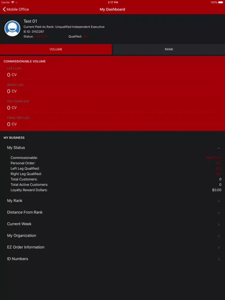 Ảnh chụp màn hình của Zrii Mobile Backoffice iPad 