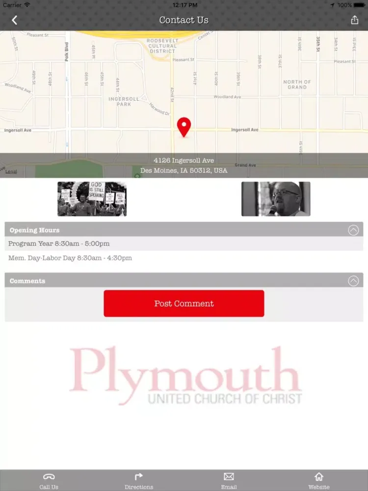 Tangkapan skrin Plymouth Church DSM iPad 
