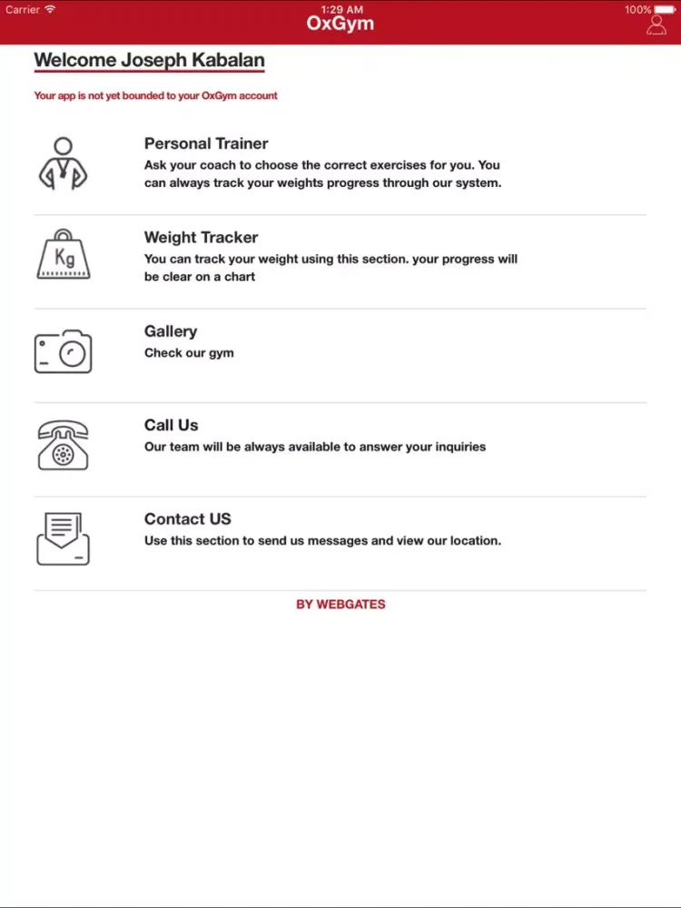 Ảnh chụp màn hình của OxGym iPad 