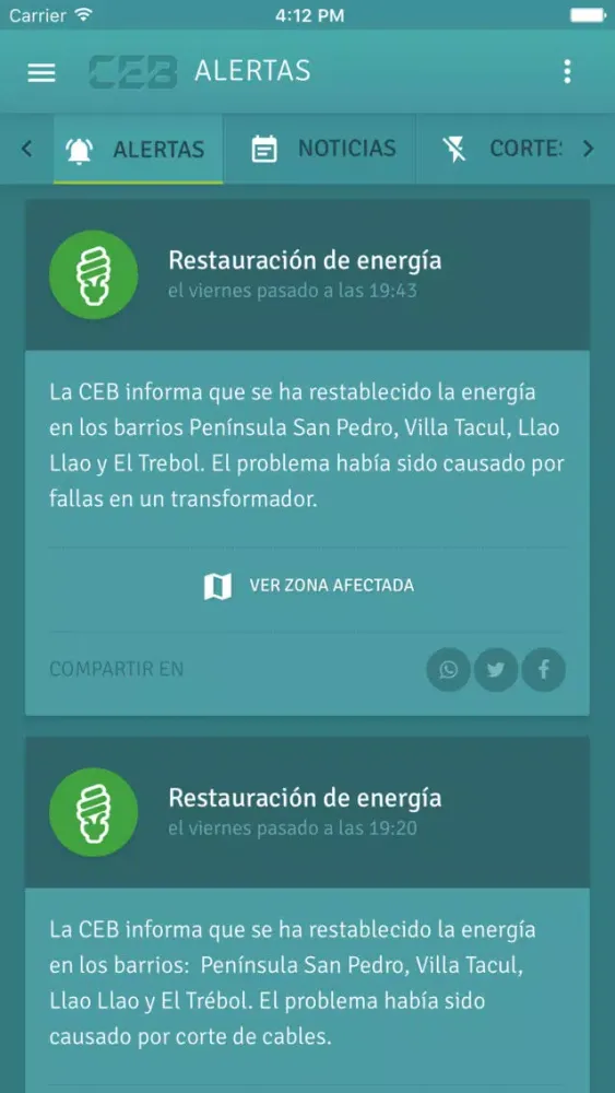 Capturas de tela do Alertas CEB