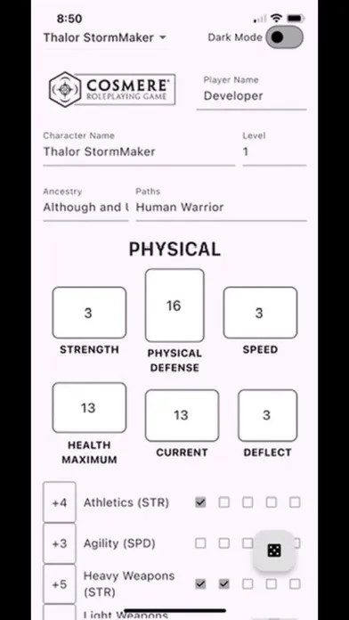 Captures d'écran de Cosmere RPG Character Sheets