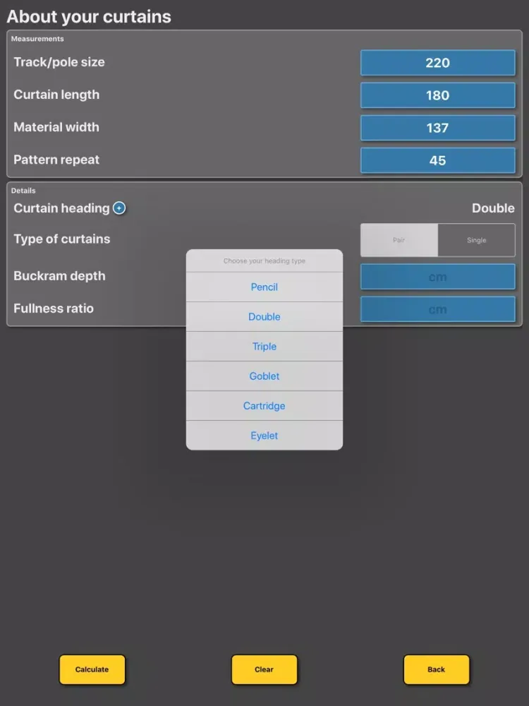 Ảnh chụp màn hình của Curtain / Drapes Calculator iPad 